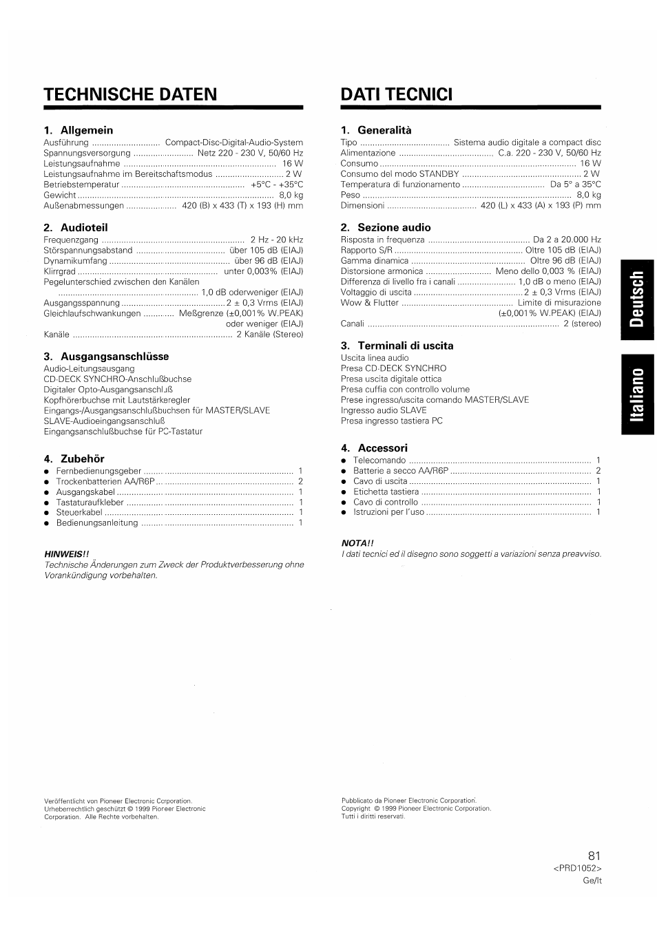 Technische daten dati tecnici, Allgemein, Audioteil | Ausgangsanschlüsse, Zubehör, Generalità, Sezione audio, Terminali di uscita, Accessori | Pioneer PD-F1007 User Manual | Page 81 / 84
