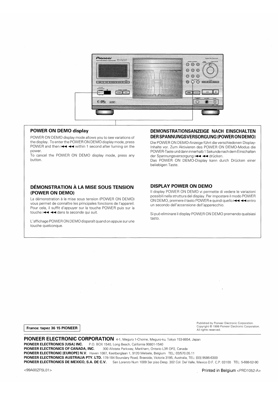 Power on demo display, Display power on demo, Pioneer electronic corporation | Printed in belgium | Pioneer PD-F1007 User Manual | Page 84 / 84