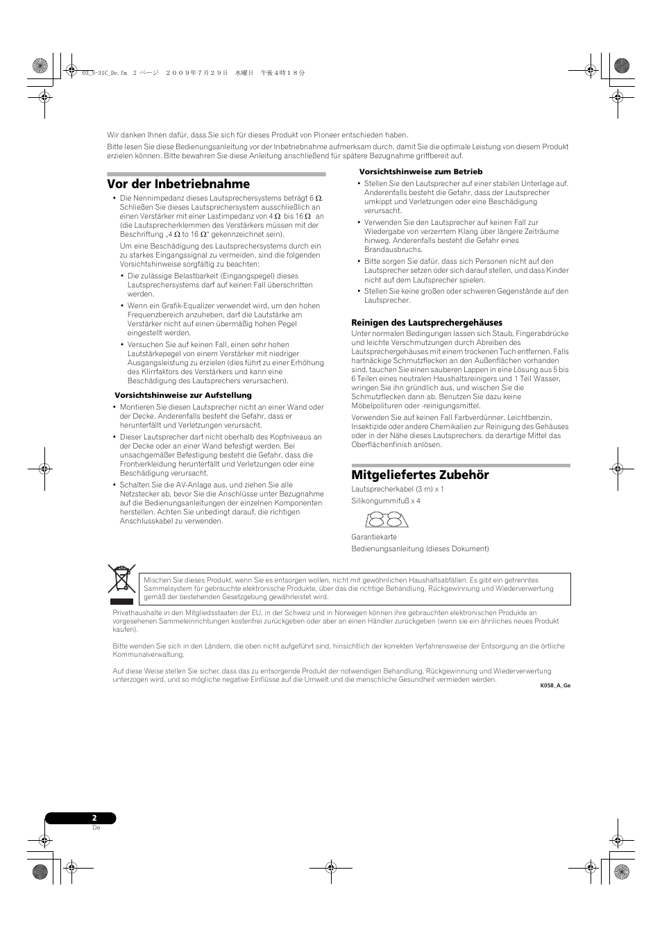 Vor der inbetriebnahme, Mitgeliefertes zubehör | Pioneer S-31C-K User Manual | Page 10 / 59