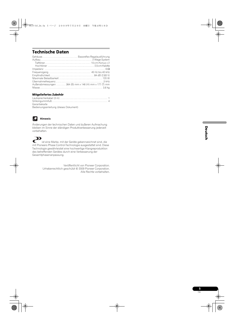 Technische daten | Pioneer S-31C-K User Manual | Page 13 / 59
