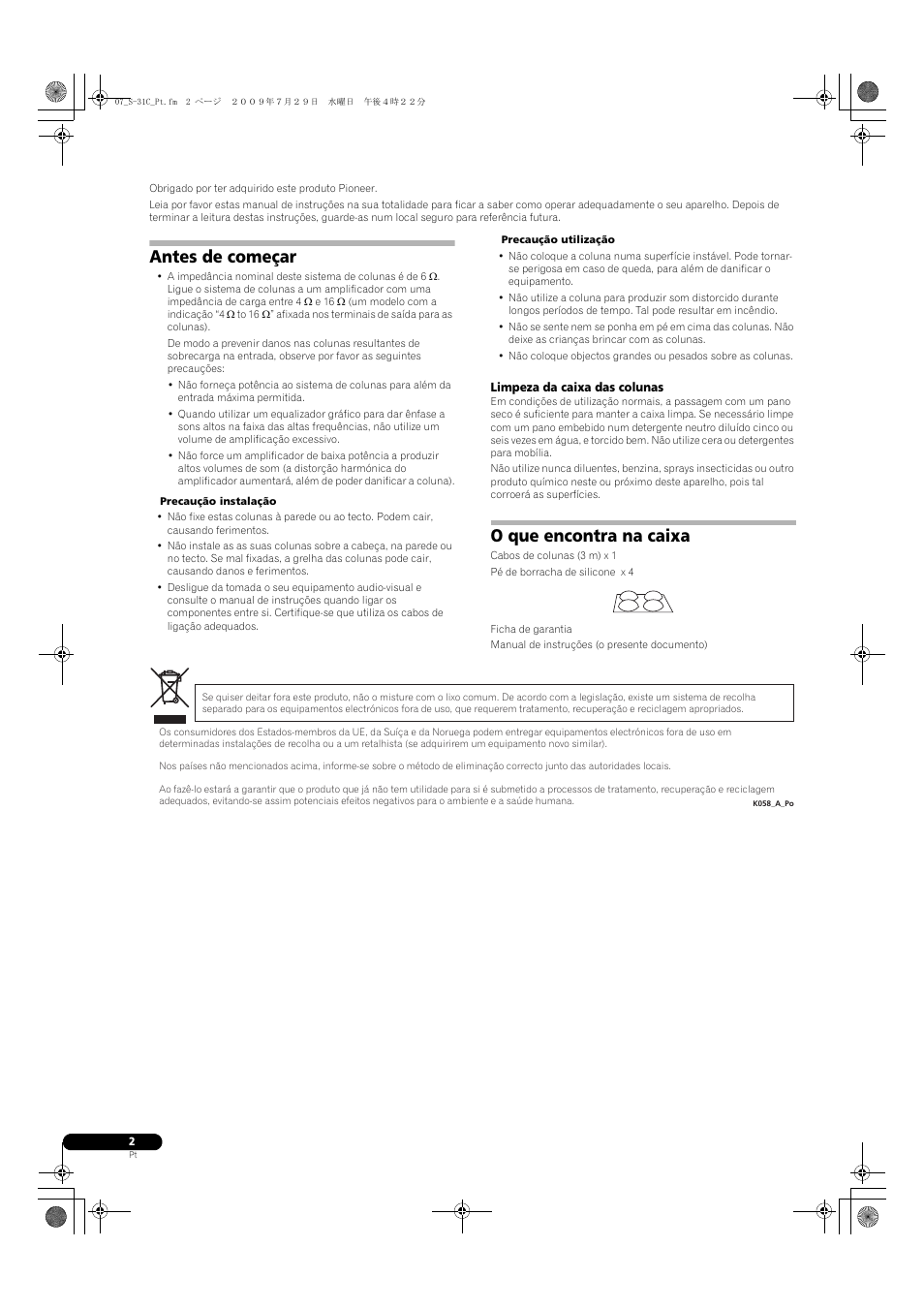 Antes de começar, O que encontra na caixa | Pioneer S-31C-K User Manual | Page 26 / 59