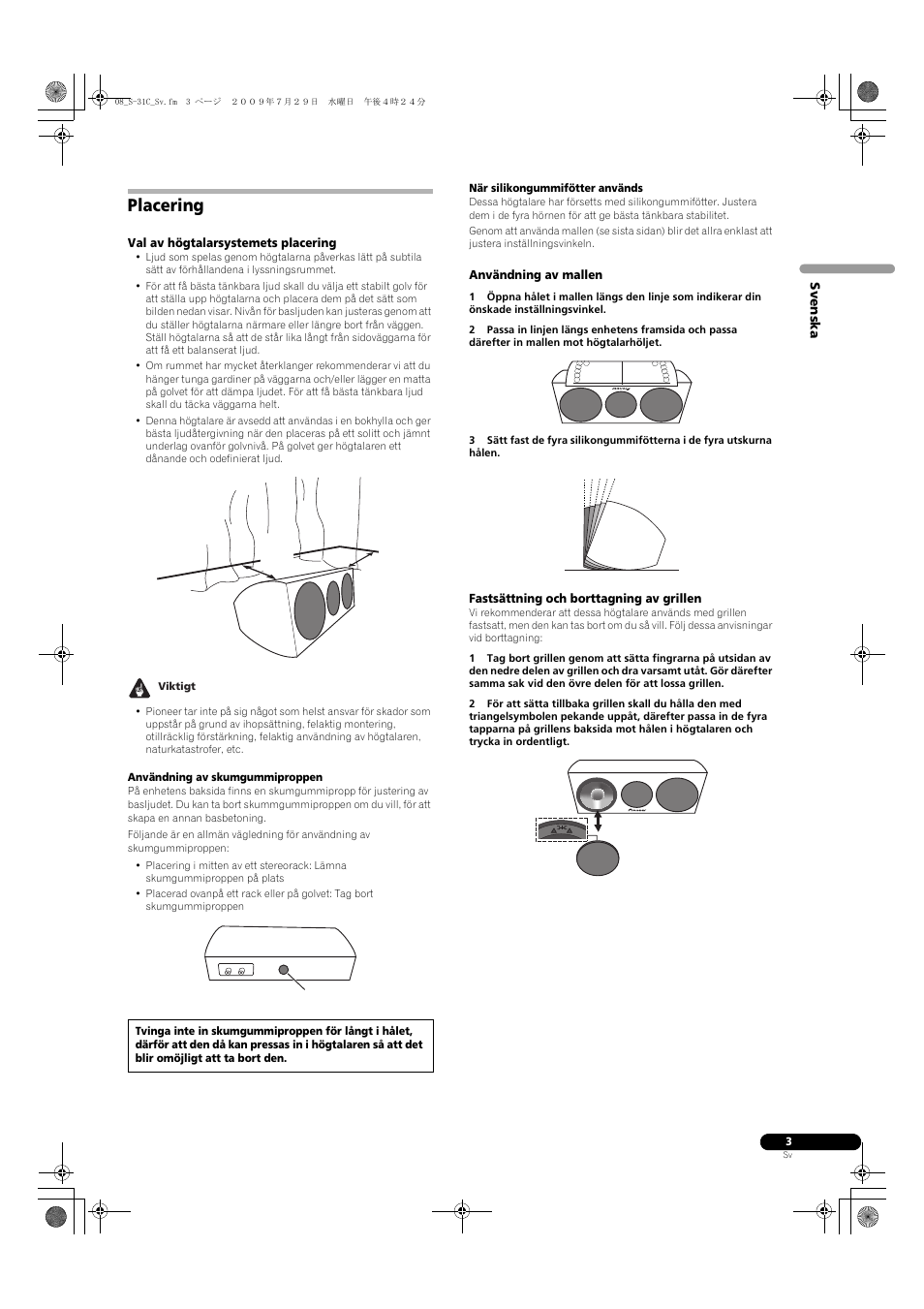 Placering | Pioneer S-31C-K User Manual | Page 31 / 59