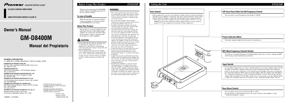 Pioneer GM-D8400M User Manual | 6 pages