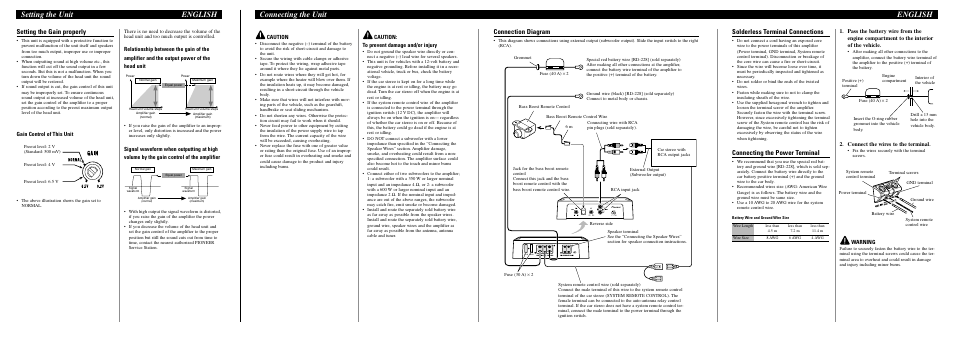 Connecting the unit english, Setting the unit english, Setting the gain properly | Solderless terminal connections, Connecting the power terminal, Connection diagram, Gain control of this unit, Connect the wires to the terminal, Warning, Caution | Pioneer GM-D8400M User Manual | Page 2 / 6