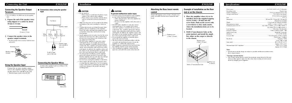 Connecting the unit english, Installation english specifications english, Connecting the speaker output terminals | Using the speaker input, Connecting the speaker wires, Attaching the bass boost remote control | Pioneer GM-D8400M User Manual | Page 3 / 6