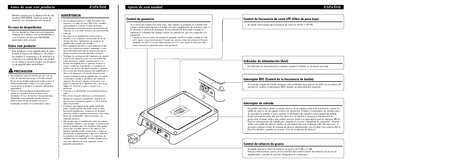 Ajuste de esta unidad español, Antes de usar este producto español, En caso de desperfectos | Sobre este producto, Precaucion, Advertencia, Control de ganancia, Control de refuerzo de graves, Indicador de alimentación (azul), Interruptor de entrada | Pioneer GM-D8400M User Manual | Page 4 / 6