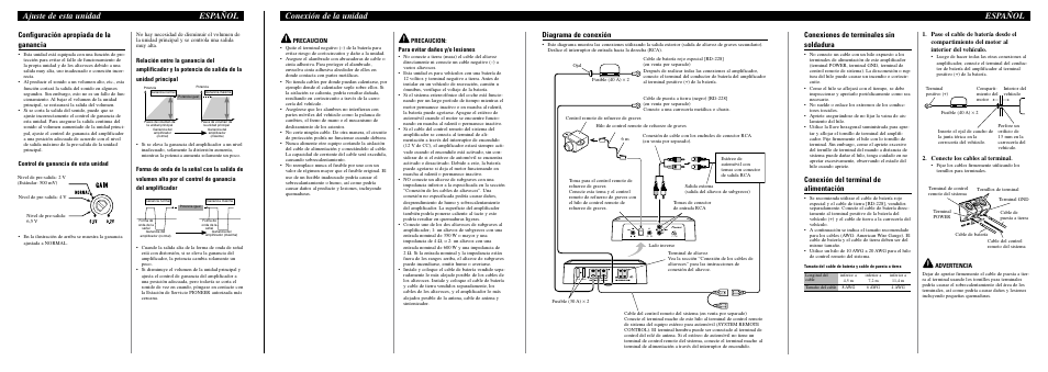 Conexión de la unidad español, Ajuste de esta unidad español, Configuración apropiada de la ganancia | Diagrama de conexión, Conexiones de terminales sin soldadura, Conexión del terminal de alimentación, Control de ganancia de esta unidad, Precaucion, Precaucion: para evitar daños y/o lesiones, Conecte los cables al terminal | Pioneer GM-D8400M User Manual | Page 5 / 6
