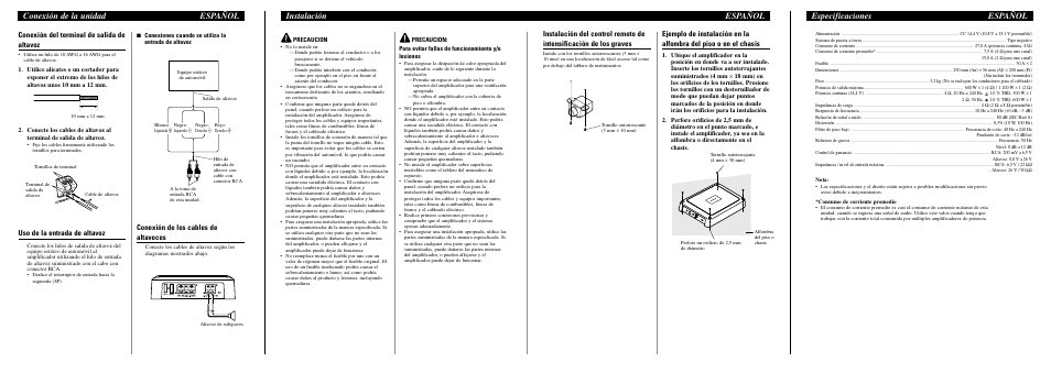 Especificaciones español, Conexión de la unidad español instalación español, Conexión del terminal de salida de altavoz | Uso de la entrada de altavoz, Conexión de los cables de altavoces | Pioneer GM-D8400M User Manual | Page 6 / 6