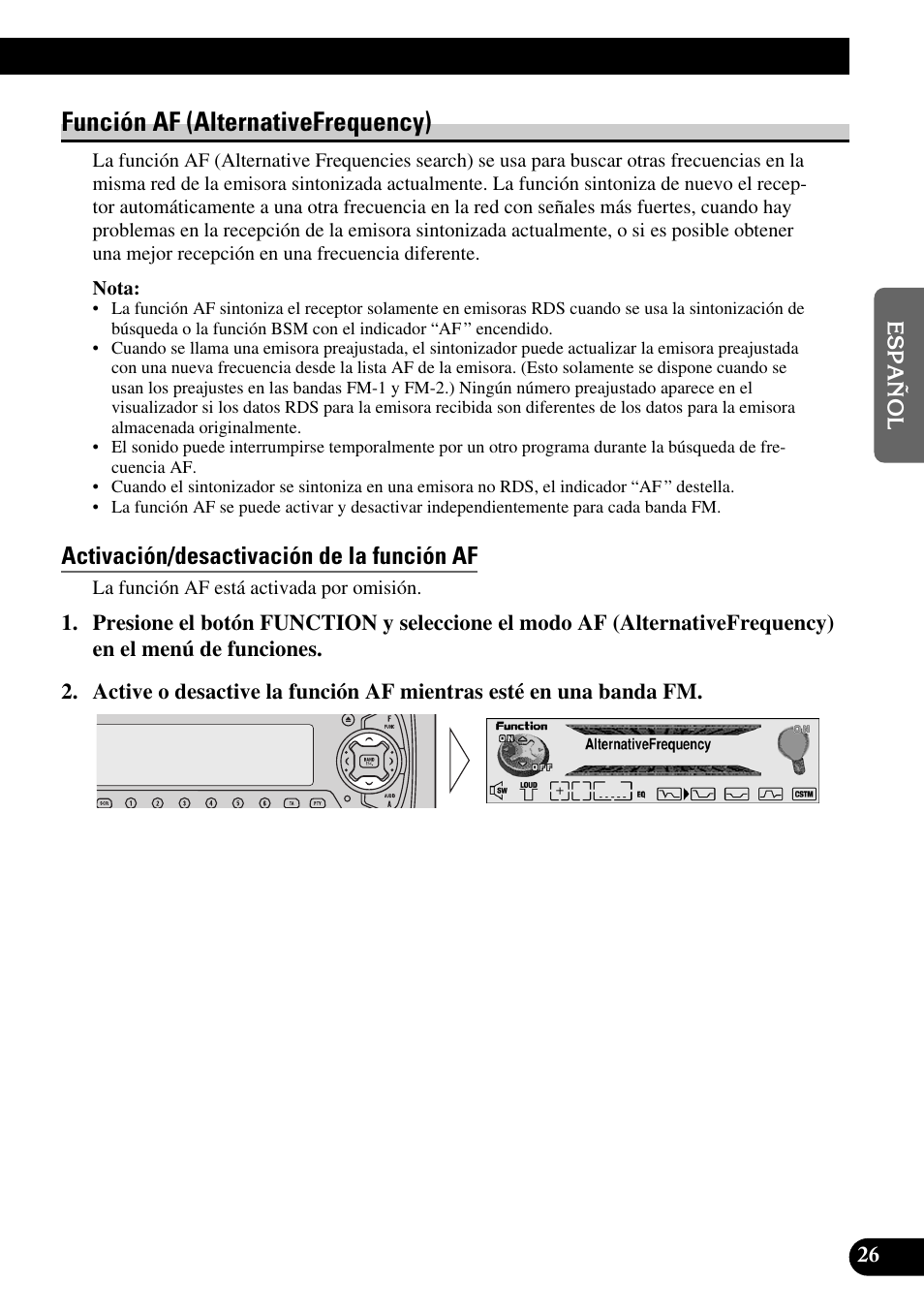 Función af (alternativefrequency), Activación/desactivación de la función af | Pioneer MEH-P9100R User Manual | Page 107 / 164