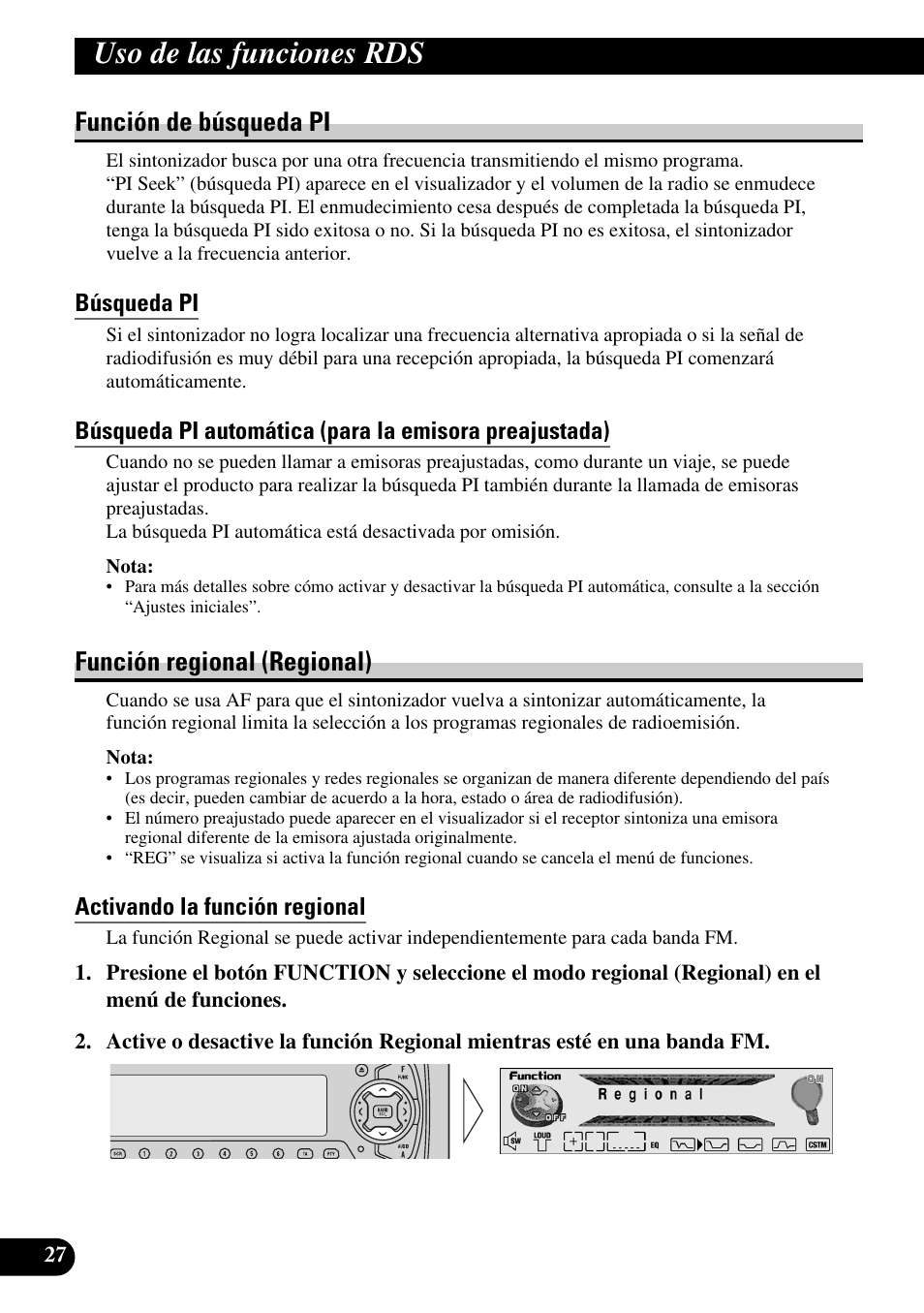 Función de búsqueda pi, Búsqueda pi, Función regional (regional) | Activando la función regional, Uso de las funciones rds | Pioneer MEH-P9100R User Manual | Page 108 / 164