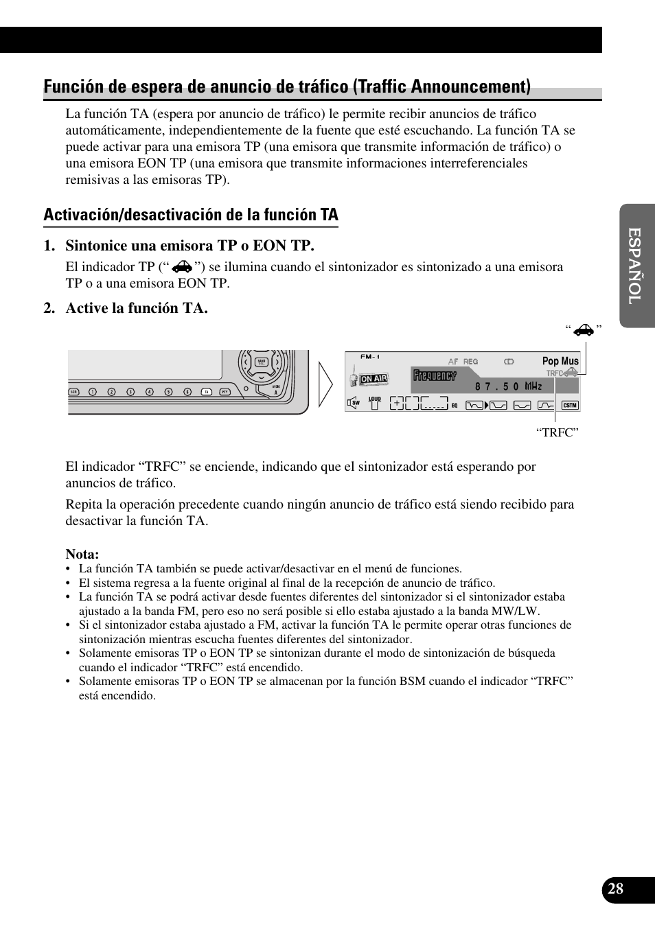 Función de espera de anuncio de tráfico, Traffic announcement), Activación/desactivación de la función ta | Pioneer MEH-P9100R User Manual | Page 109 / 164