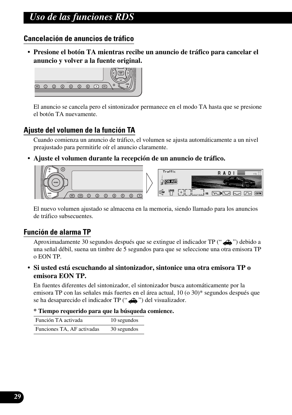 Cancelación de anuncios de tráfico, Ajuste del volumen de la función ta, Función de alarma tp | Uso de las funciones rds | Pioneer MEH-P9100R User Manual | Page 110 / 164