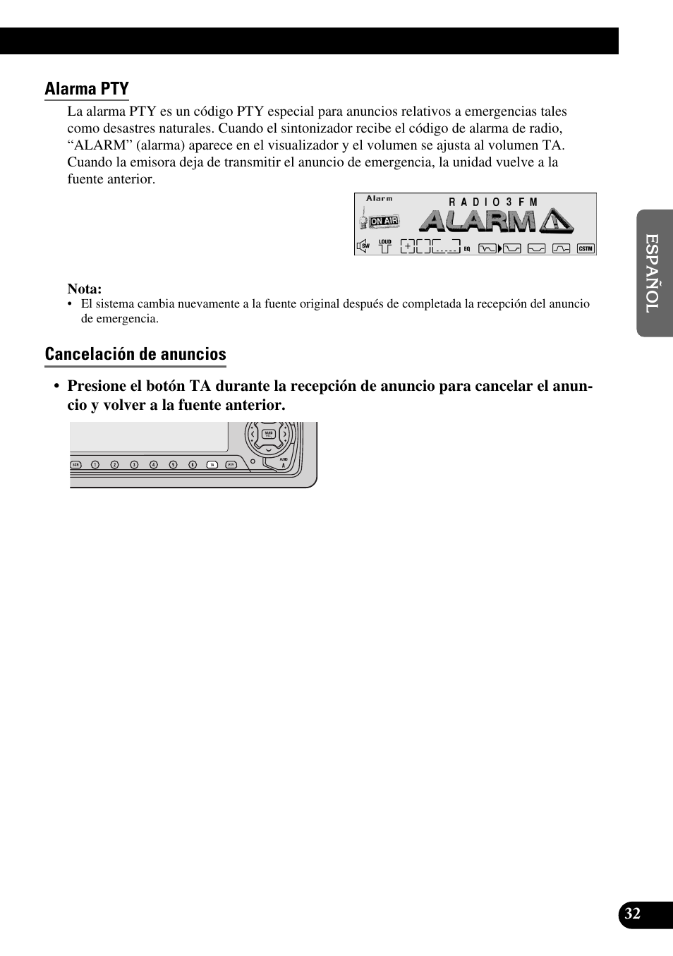 Alarma pty, Cancelación de anuncios | Pioneer MEH-P9100R User Manual | Page 113 / 164