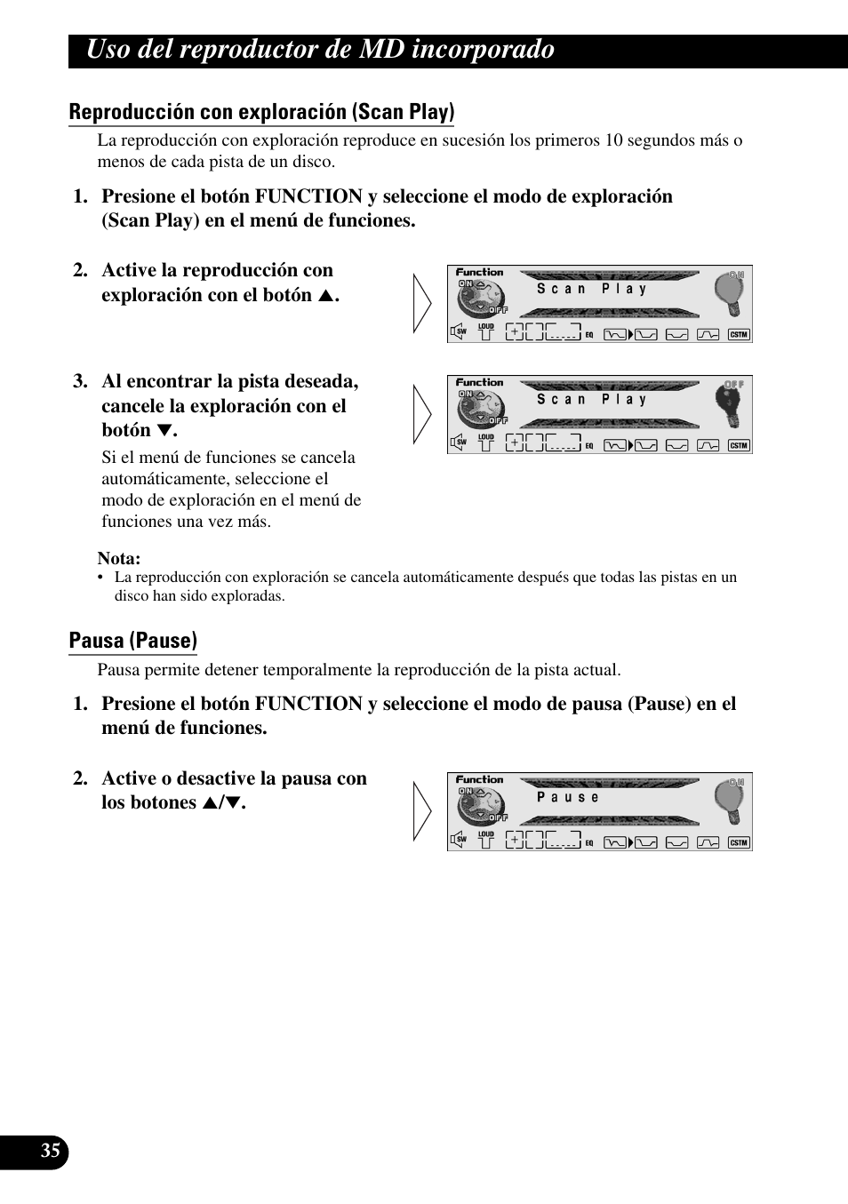 Reproducción con exploración (scan play), Pausa (pause), Uso del reproductor de md incorporado | Pioneer MEH-P9100R User Manual | Page 116 / 164