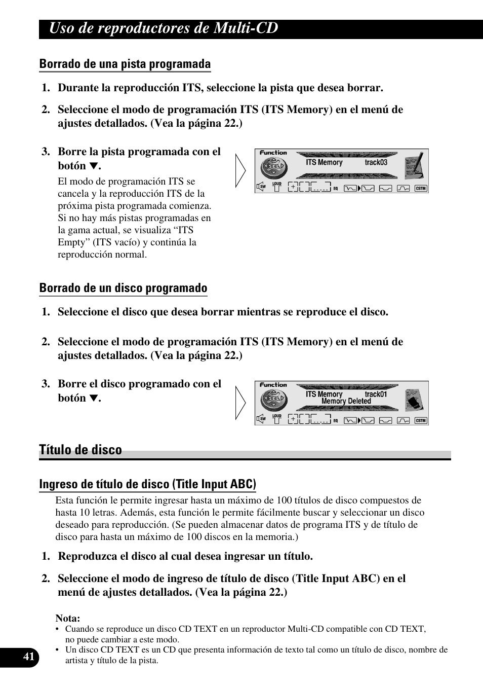 Borrado de una pista programada, Borrado de un disco programado, Título de disco | Ingreso de título de disco (title input abc), Uso de reproductores de multi-cd | Pioneer MEH-P9100R User Manual | Page 122 / 164