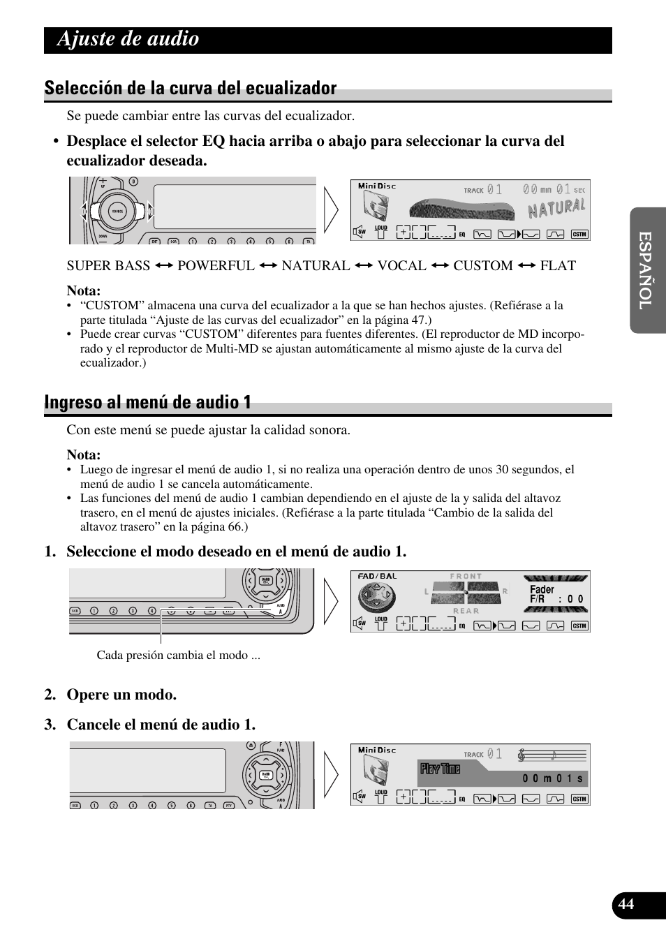 Ajuste de audio, Selección de la curva del ecualizador, Ingreso al menú de audio 1 | Pioneer MEH-P9100R User Manual | Page 125 / 164