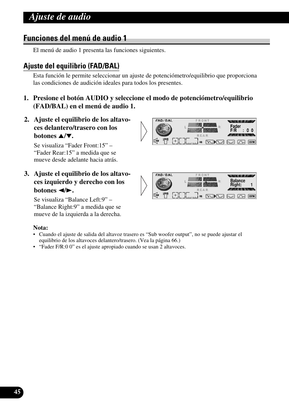 Funciones del menú de audio 1, Ajuste del equilibrio (fad/bal), Ajuste de audio | Pioneer MEH-P9100R User Manual | Page 126 / 164