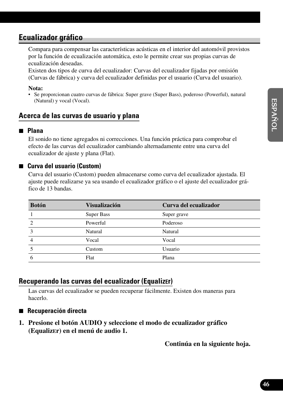 Ecualizador gráfico, Acerca de las curvas de usuario y plana, Recuperando las curvas del ecualizador (equaliz | Pioneer MEH-P9100R User Manual | Page 127 / 164