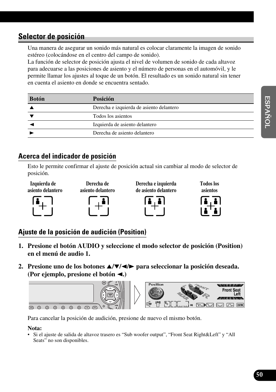 Selector de posición, Acerca del indicador de posición, Ajuste de la posición de audición (position) | Pioneer MEH-P9100R User Manual | Page 131 / 164