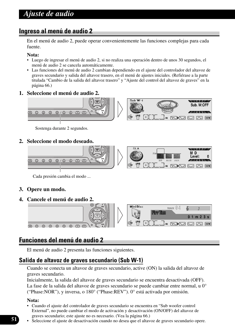 Salida de altavoz de graves secundario (sub w-1), Ajuste de audio, Ingreso al menú de audio 2 | Funciones del menú de audio 2 | Pioneer MEH-P9100R User Manual | Page 132 / 164