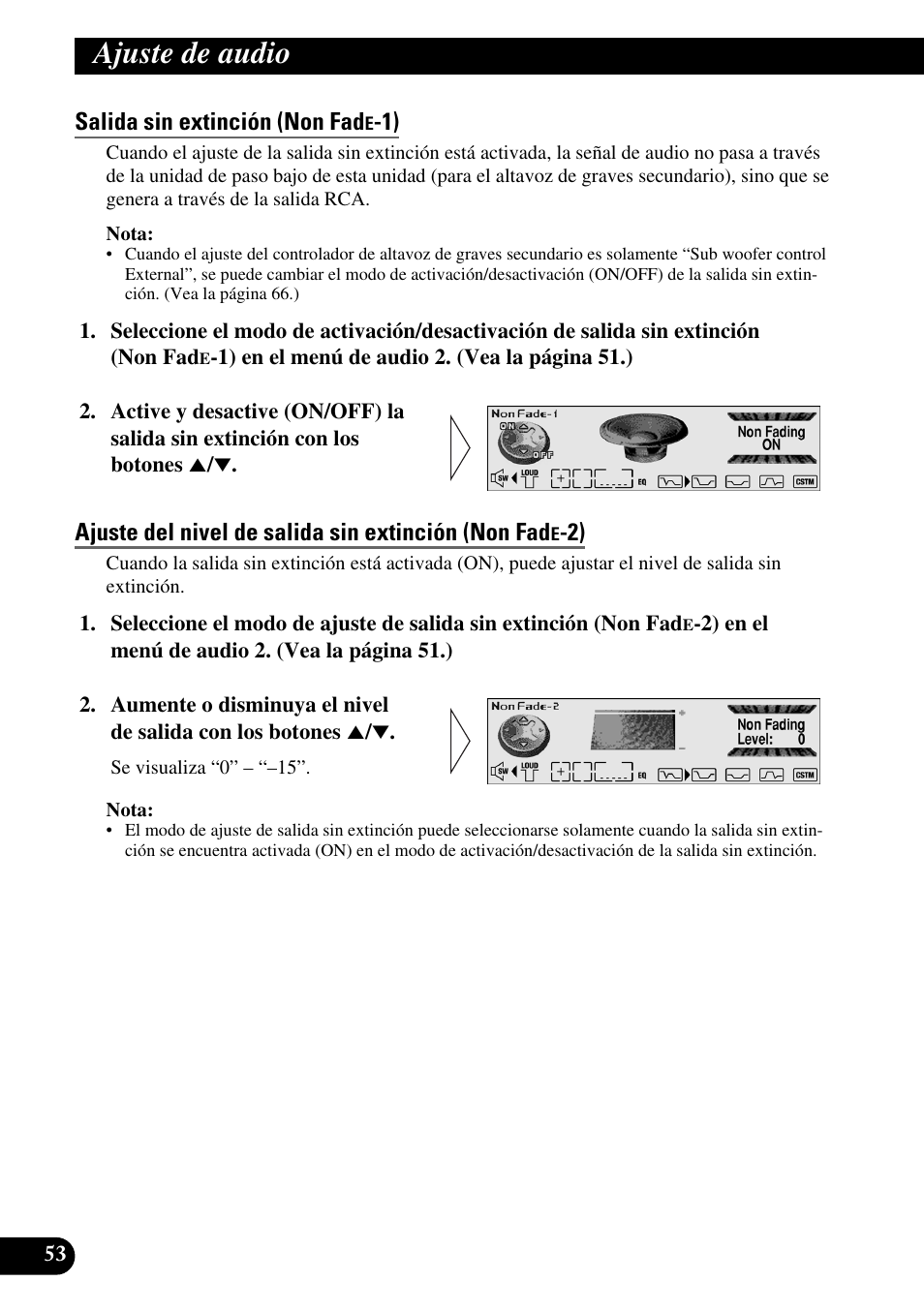 Salida sin extinción (non fad, Ajuste del nivel de salida sin extinción (non fad, Ajuste de audio | Pioneer MEH-P9100R User Manual | Page 134 / 164