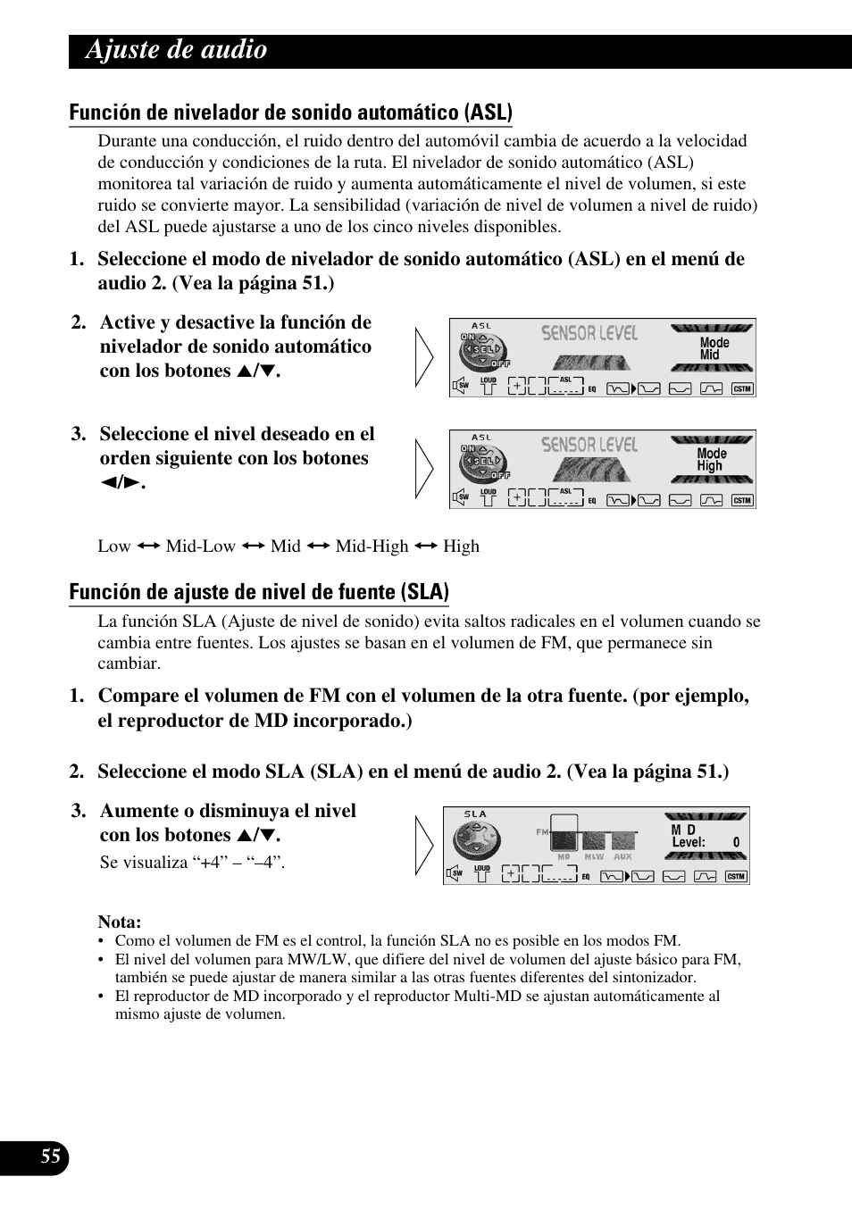 Función de nivelador de sonido automático (asl), Función de ajuste de nivel de fuente (sla), Ajuste de audio | Pioneer MEH-P9100R User Manual | Page 136 / 164