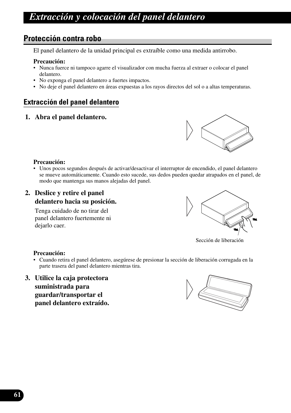 Extracción y colocación del panel, Delantero, Protección contra robo | Extracción del panel delantero, Extracción y colocación del panel delantero, Abra el panel delantero | Pioneer MEH-P9100R User Manual | Page 142 / 164