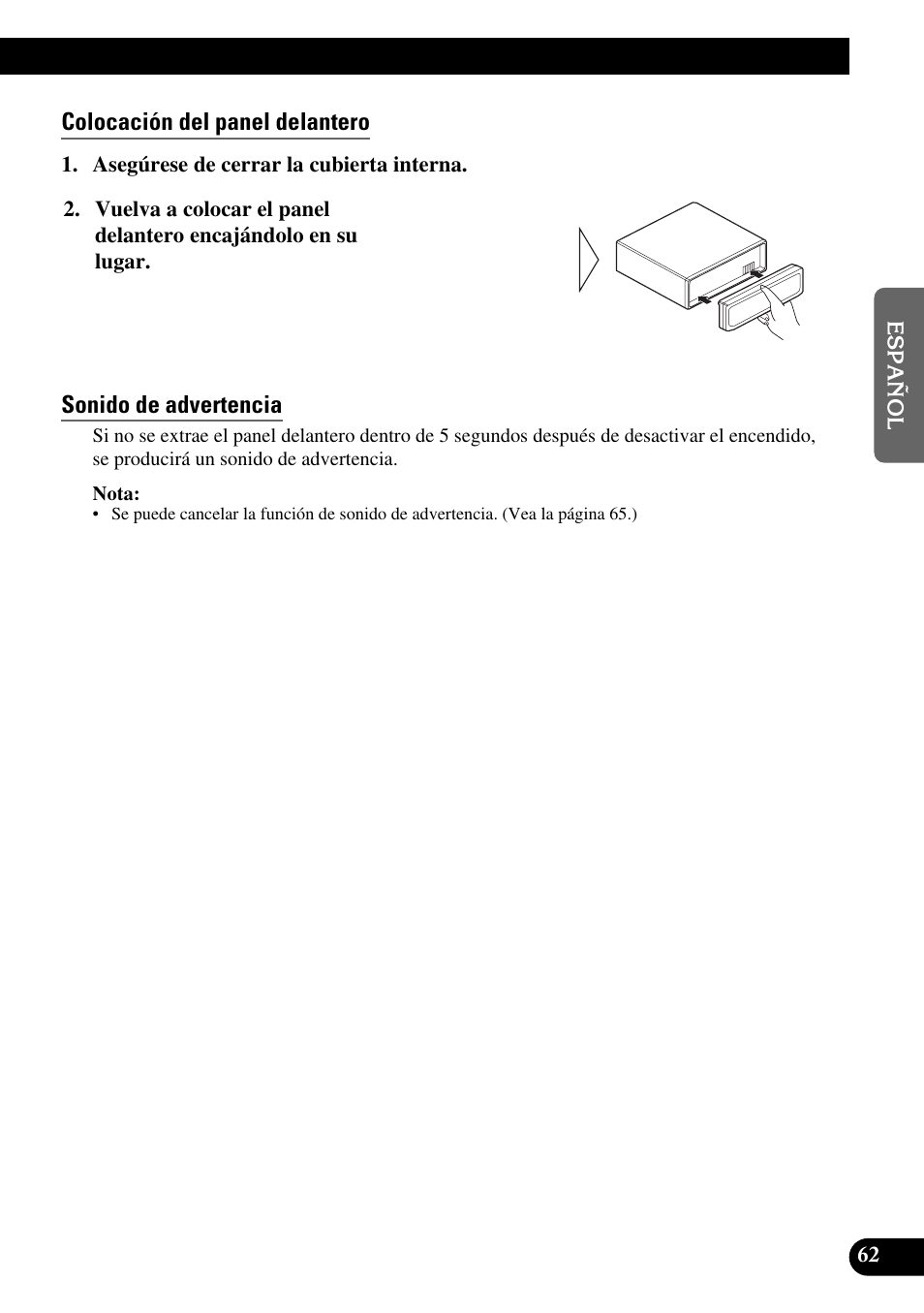 Colocación del panel delantero, Sonido de advertencia | Pioneer MEH-P9100R User Manual | Page 143 / 164