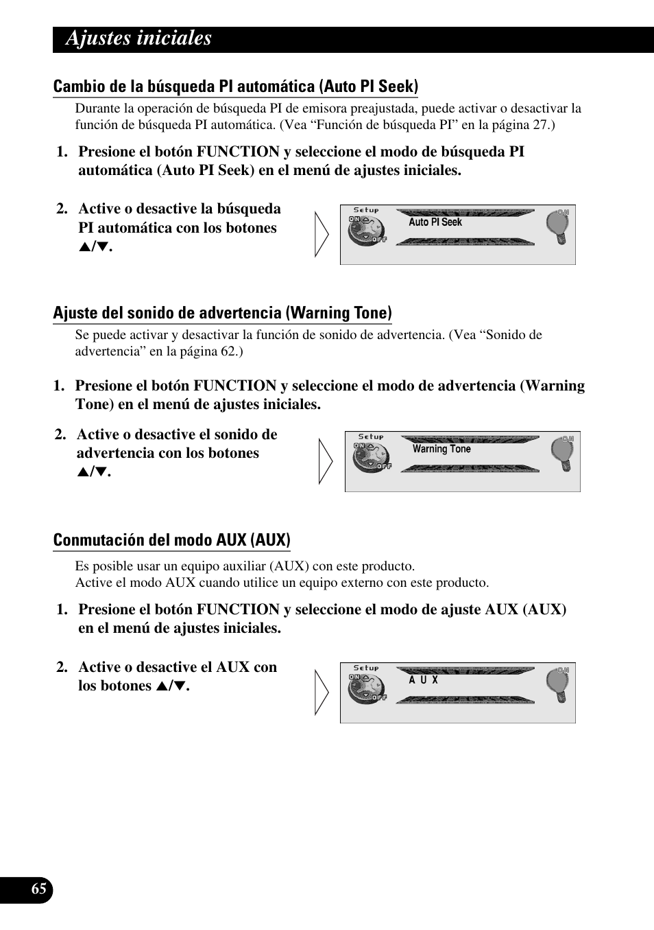 Cambio de la búsqueda pi automática (auto pi seek), Ajuste del sonido de advertencia (warning tone), Conmutación del modo aux (aux) | Ajustes iniciales | Pioneer MEH-P9100R User Manual | Page 146 / 164