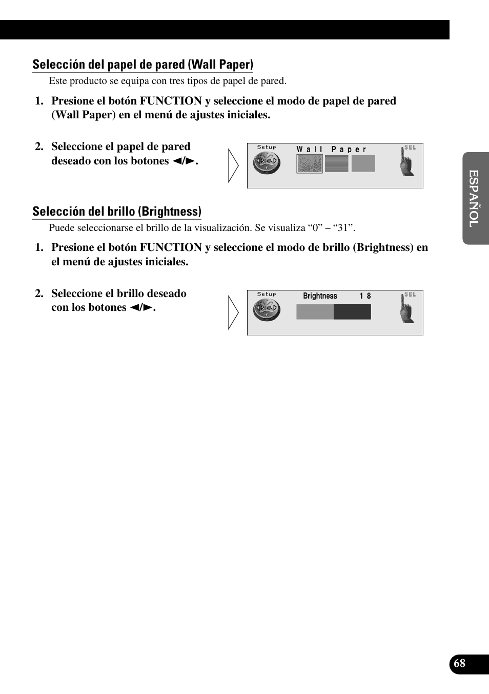 Selección del papel de pared (wall paper), Selección del brillo (brightness) | Pioneer MEH-P9100R User Manual | Page 149 / 164