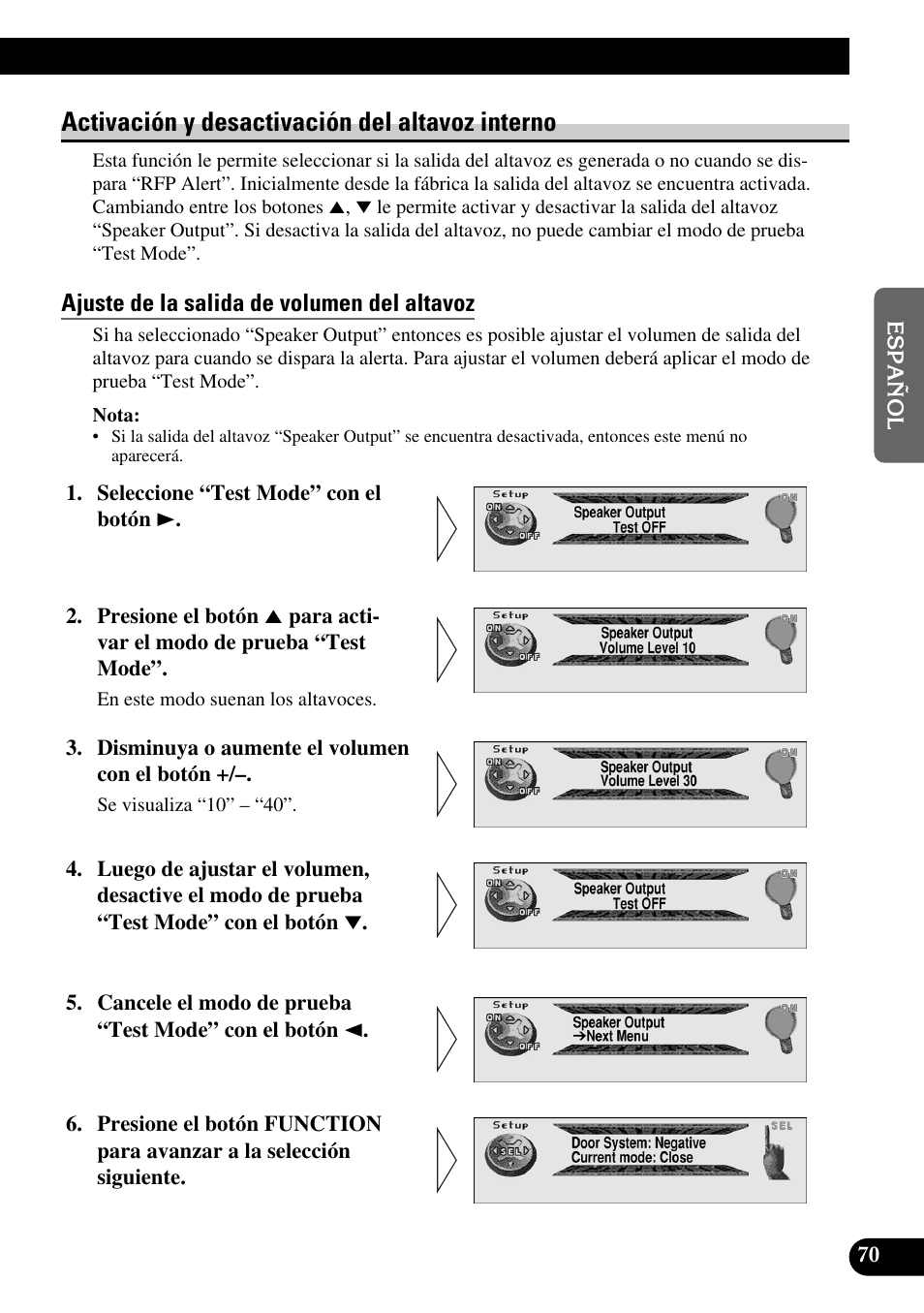 Activación y desactivación del, Altavoz interno, Ajuste de la salida de volumen del altavoz | Activación y desactivación del altavoz interno | Pioneer MEH-P9100R User Manual | Page 151 / 164