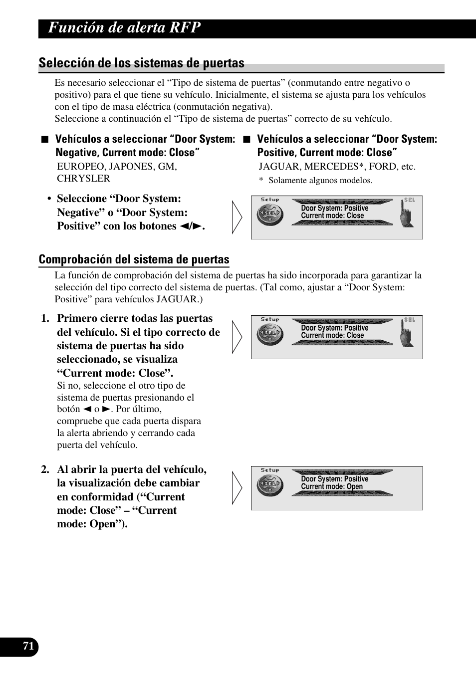 Selección de los sistemas de puertas, Comprobación del sistema de puertas, Función de alerta rfp | Pioneer MEH-P9100R User Manual | Page 152 / 164