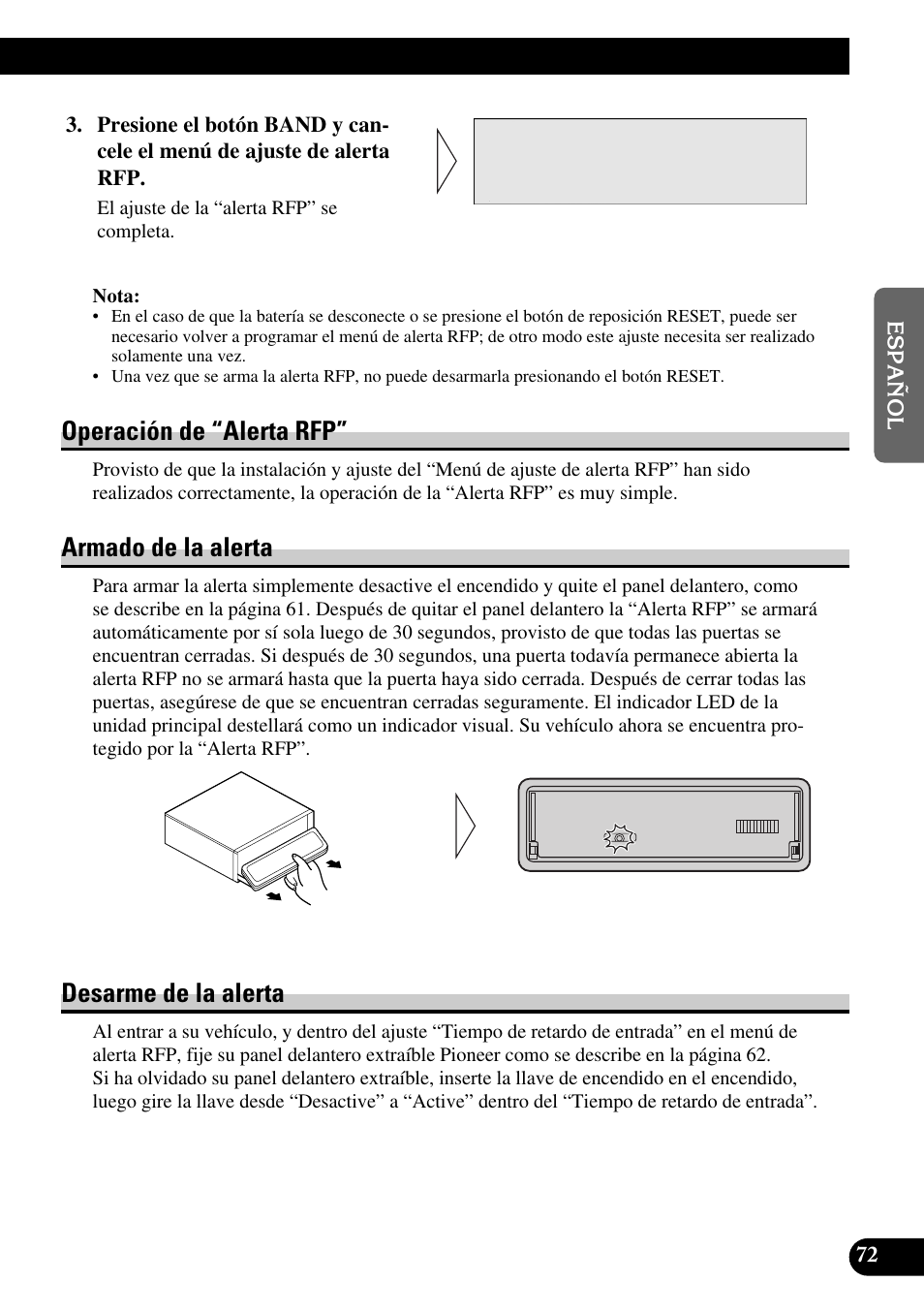 Operación de “alerta rfp, Armado de la alerta, Desarme de la alerta | Pioneer MEH-P9100R User Manual | Page 153 / 164