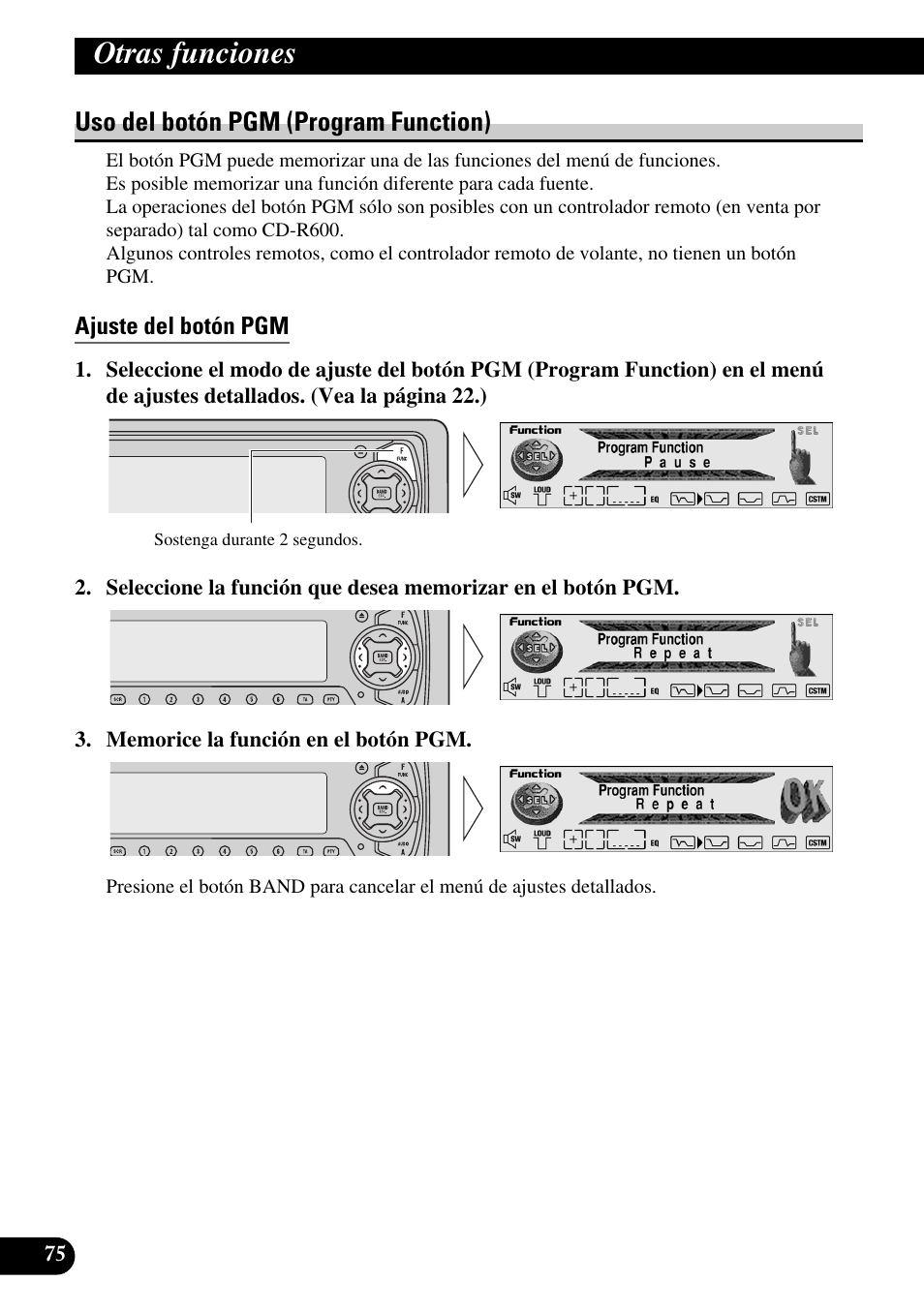 Uso del botón pgm (program function), Ajuste del botón pgm, Otras funciones | Pioneer MEH-P9100R User Manual | Page 156 / 164
