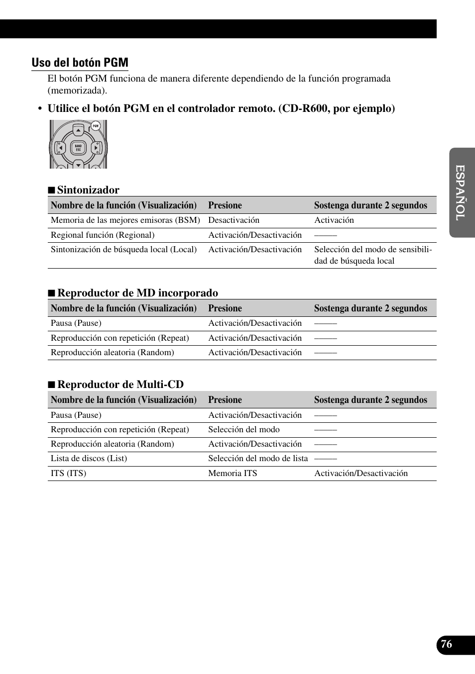 Uso del botón pgm | Pioneer MEH-P9100R User Manual | Page 157 / 164