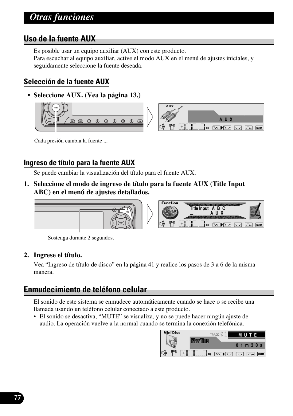 Uso de la fuente aux, Selección de la fuente aux, Ingreso de título para la fuente aux | Enmudecimiento de teléfono celular, Otras funciones | Pioneer MEH-P9100R User Manual | Page 158 / 164