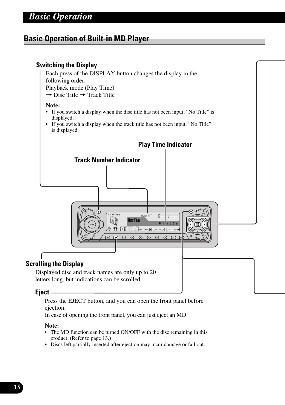 Basic operation of built-in md player, Switching the display, Scrolling the display | Eject, Basic operation | Pioneer MEH-P9100R User Manual | Page 16 / 164