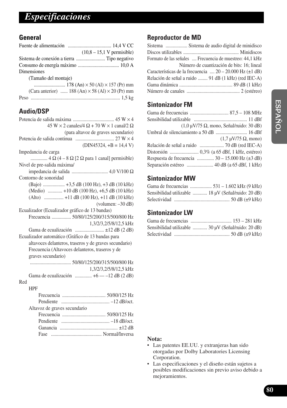 Especificaciones, A title (english) | Pioneer MEH-P9100R User Manual | Page 161 / 164