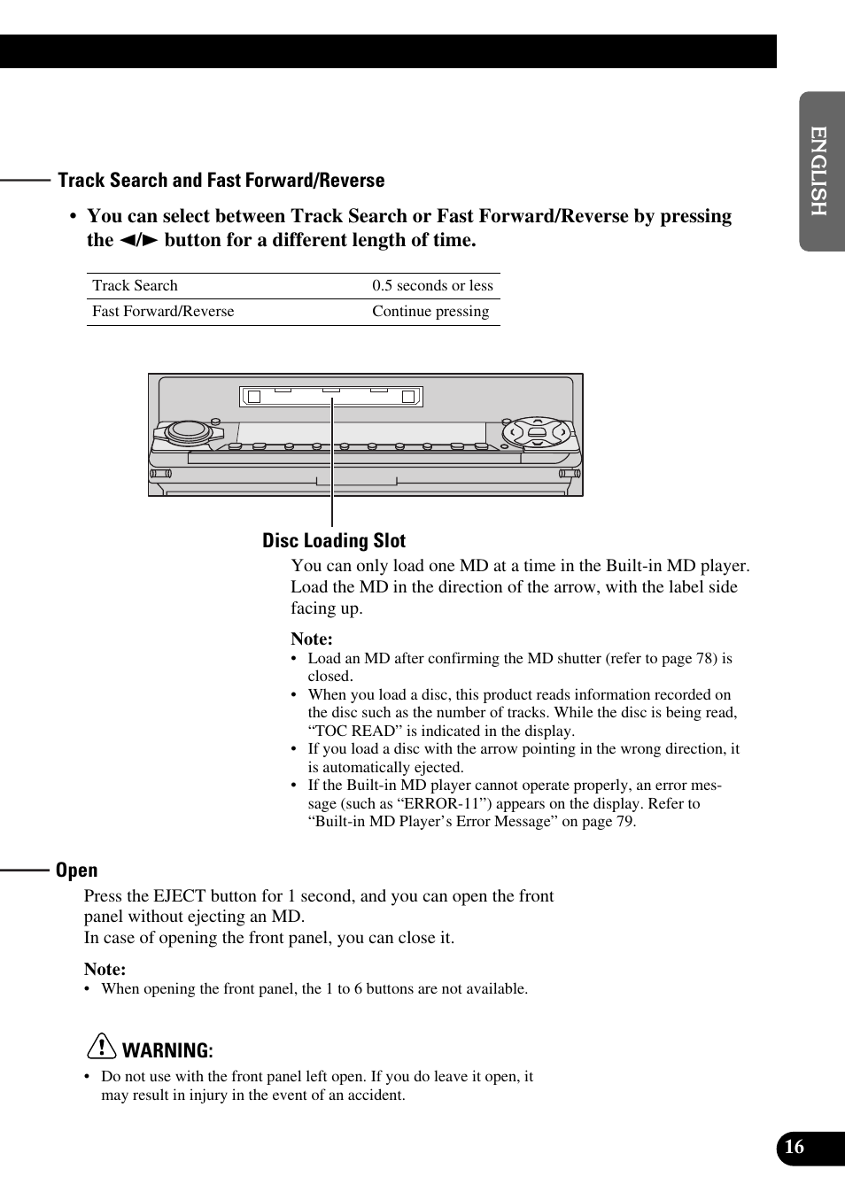 Track search and fast forward/reverse, Disc loading slot, Open | Pioneer MEH-P9100R User Manual | Page 17 / 164