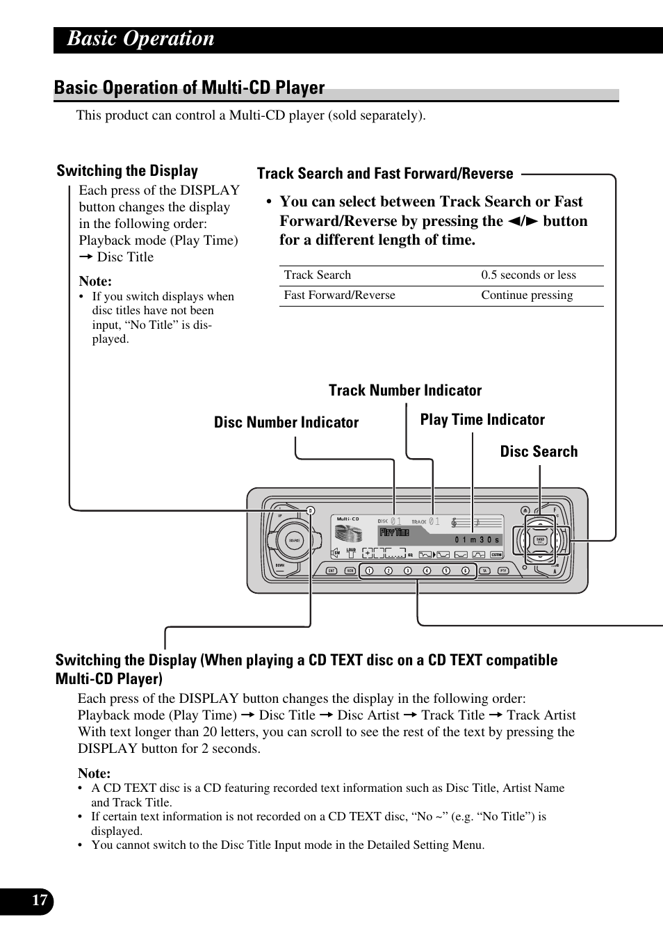 Basic operation of multi-cd player, Switching the display, Track search and fast forward/reverse | Disc search, Basic operation | Pioneer MEH-P9100R User Manual | Page 18 / 164