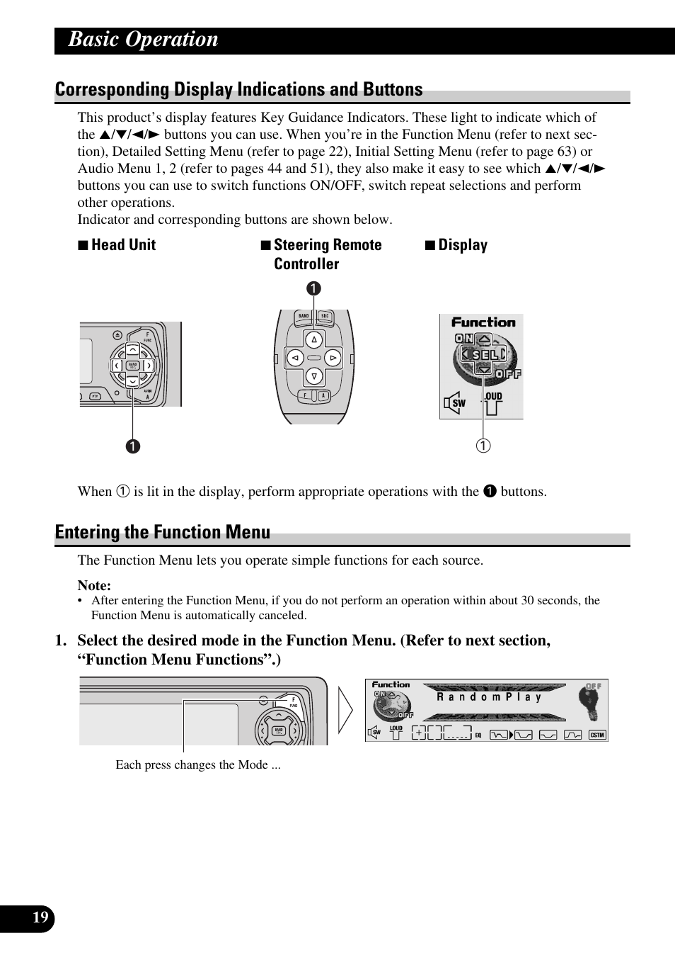 Corresponding display indications and, Buttons, Entering the function menu | Basic operation, Corresponding display indications and buttons | Pioneer MEH-P9100R User Manual | Page 20 / 164