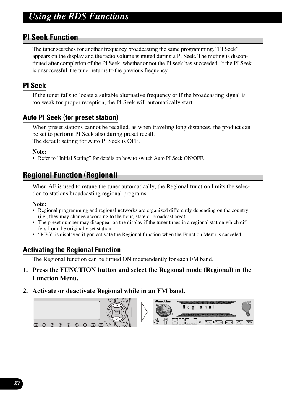 Pi seek function, Pi seek, Auto pi seek (for preset station) | Regional function (regional), Activating the regional function, Using the rds functions | Pioneer MEH-P9100R User Manual | Page 28 / 164