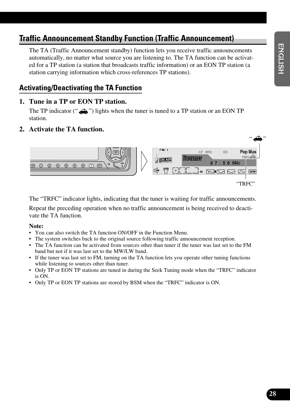 Traffic announcement standby function, Traffic announcement), Activating/deactivating the ta function | Pioneer MEH-P9100R User Manual | Page 29 / 164