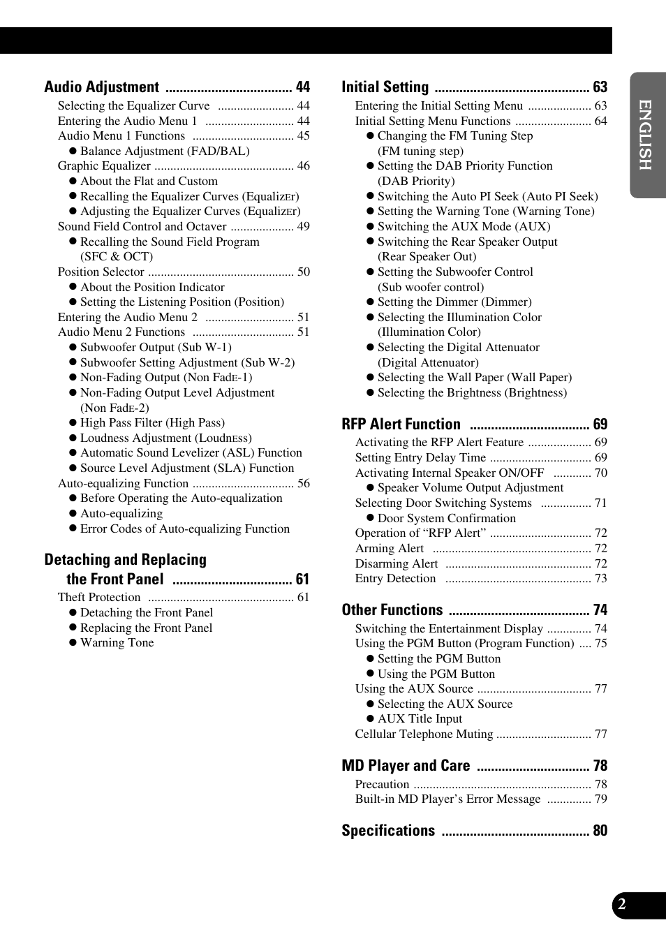 Audio adjustment, Detaching and replacing the front panel, Initial setting | Rfp alert function, Other functions, Md player and care | Pioneer MEH-P9100R User Manual | Page 3 / 164