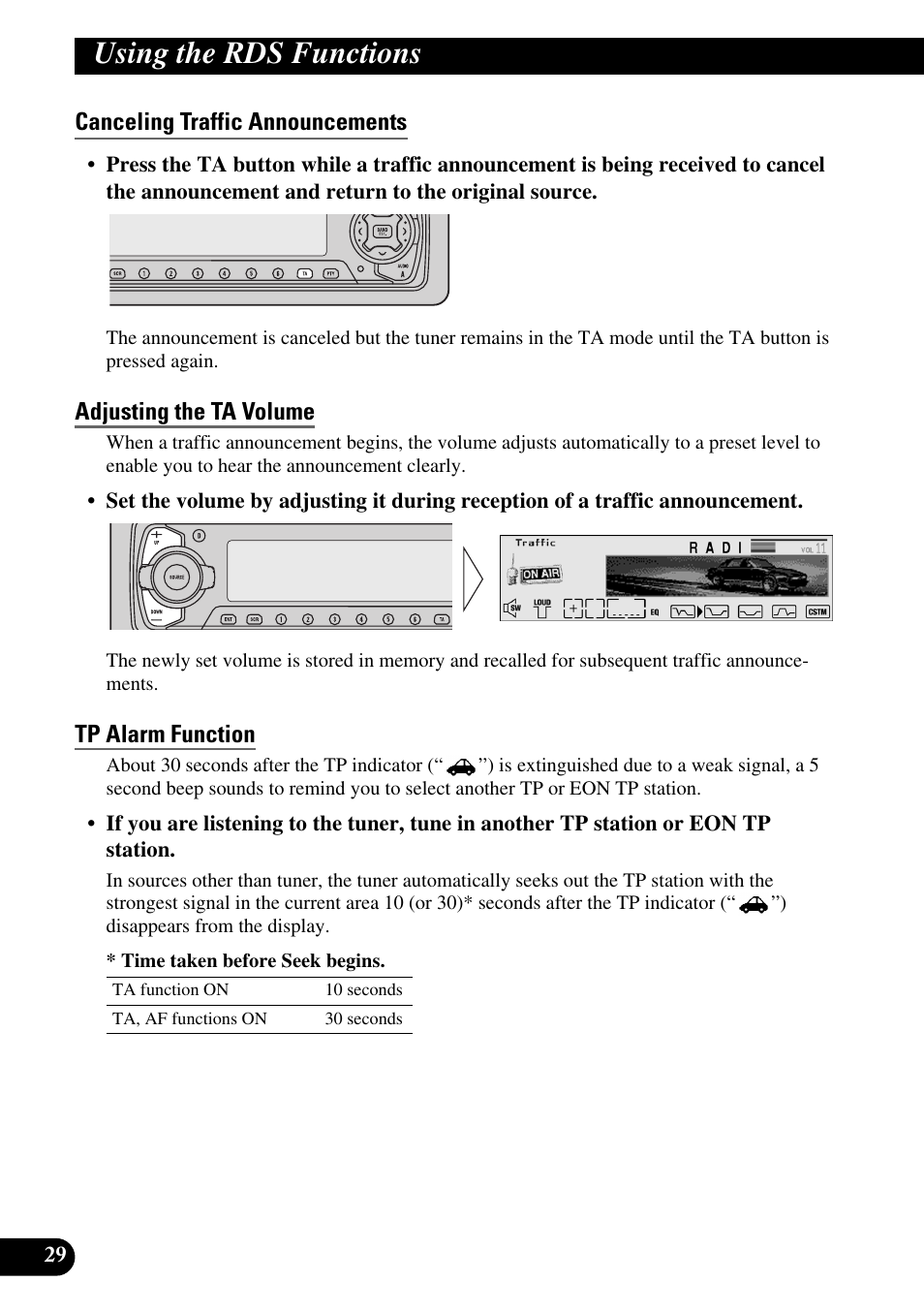 Canceling traffic announcements, Adjusting the ta volume, Tp alarm function | Using the rds functions | Pioneer MEH-P9100R User Manual | Page 30 / 164