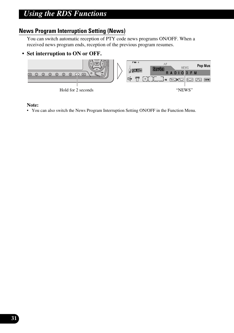 News program interruption setting (news), Using the rds functions | Pioneer MEH-P9100R User Manual | Page 32 / 164