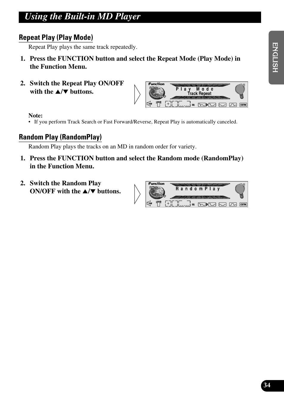 Using the built-in md player, Repeat play (play mode), Random play (randomplay) | Pioneer MEH-P9100R User Manual | Page 35 / 164