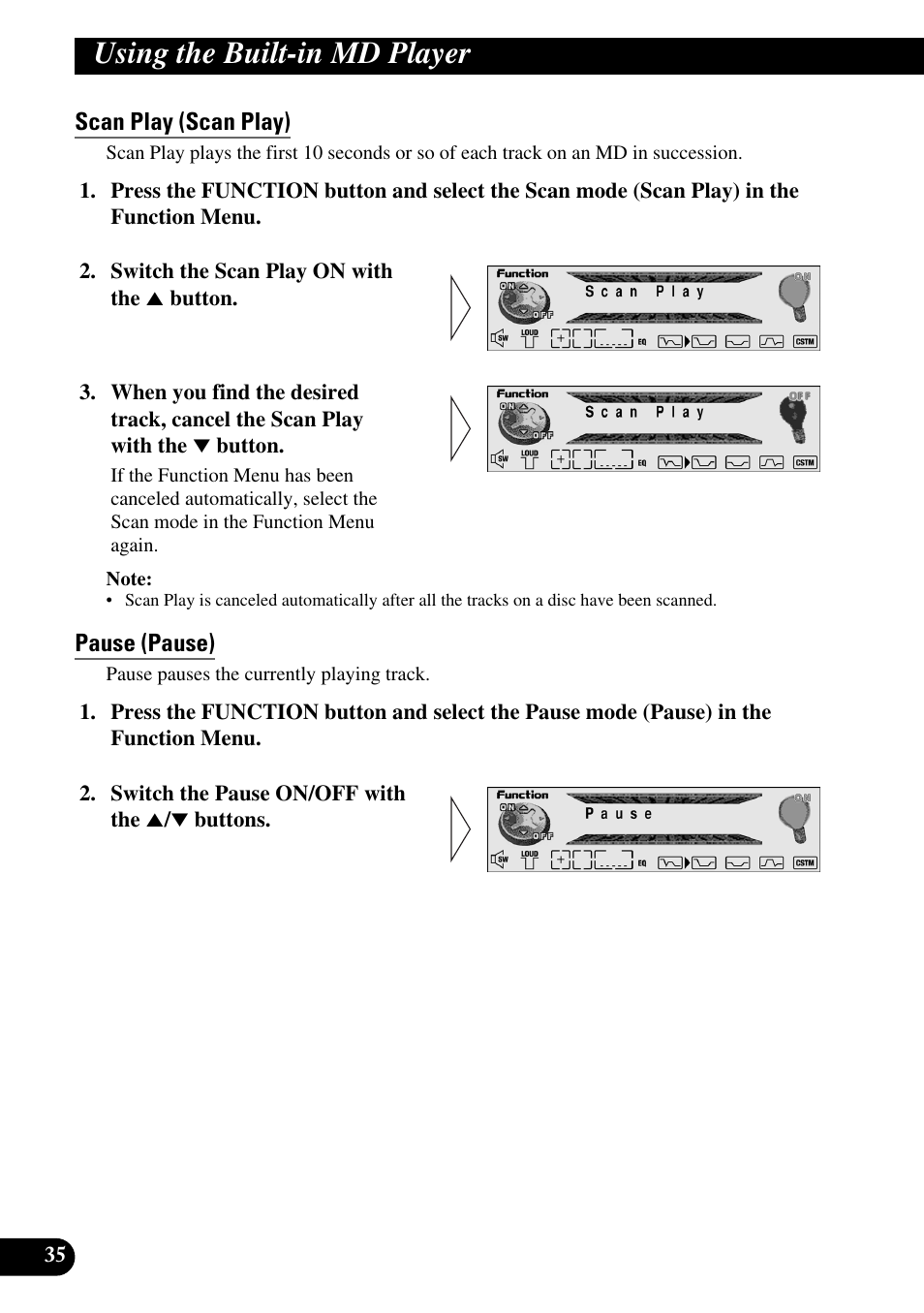 Scan play (scan play), Pause (pause), Using the built-in md player | Pioneer MEH-P9100R User Manual | Page 36 / 164