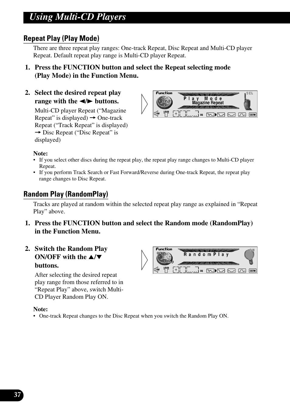 Using multi-cd players, Repeat play (play mode), Random play (randomplay) | Pioneer MEH-P9100R User Manual | Page 38 / 164