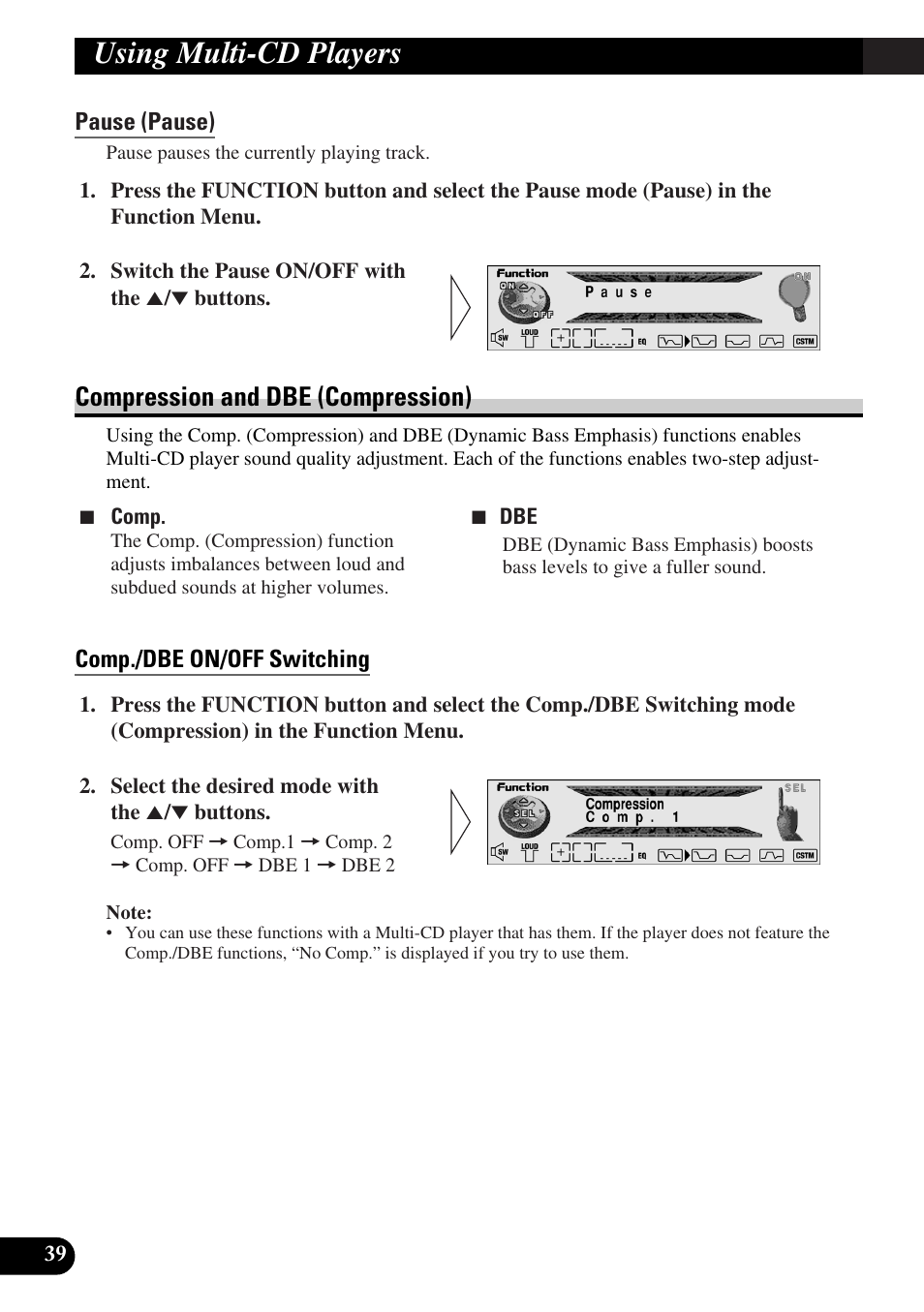 Pause (pause), Compression and dbe (compression), Comp./dbe on/off switching | Using multi-cd players | Pioneer MEH-P9100R User Manual | Page 40 / 164